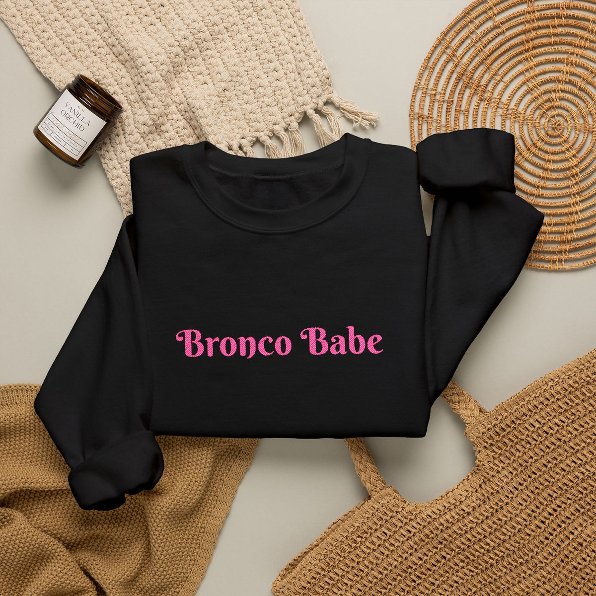 Bronco Babe Crewneck Sweatshirt — Retro Pink Text Cozy Pullover